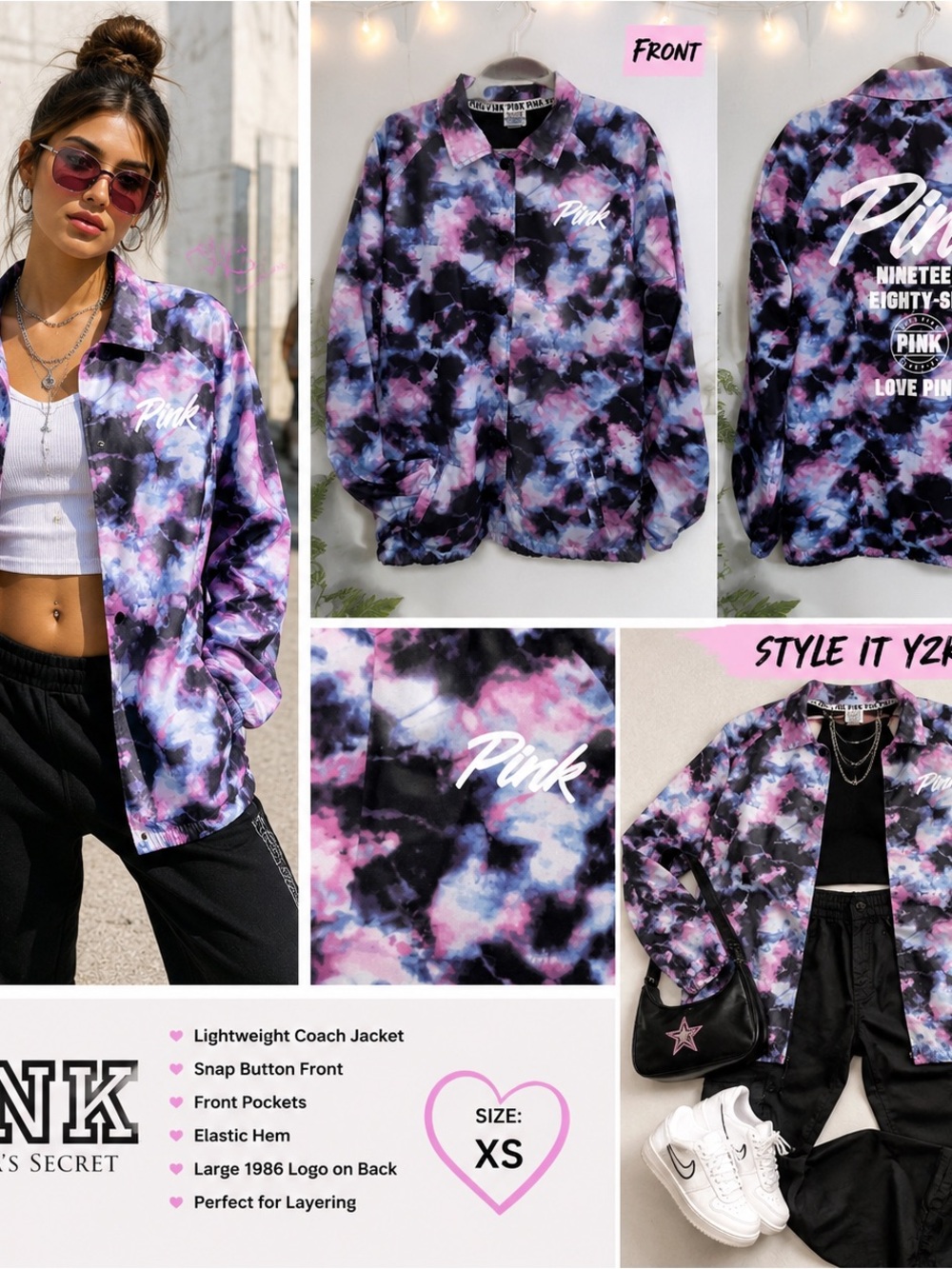 PINK Victoria's Secret Purple, Pink & Black Tie-Dye Coach Jacket Sz XS